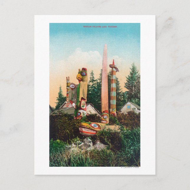 Carte Postale Vue des tombes et des totempoles indiens (Devant)