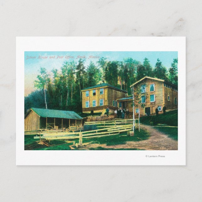 Carte Postale Vue extérieure de l'école et du bureau de poste (Devant)