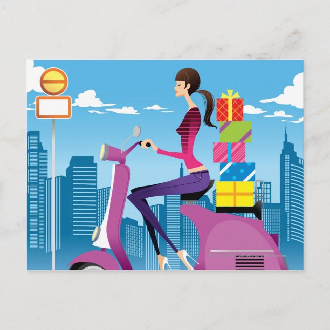 Carte Postale Vue latérale d'une femme avec des cadeaux sur un s (Devant)