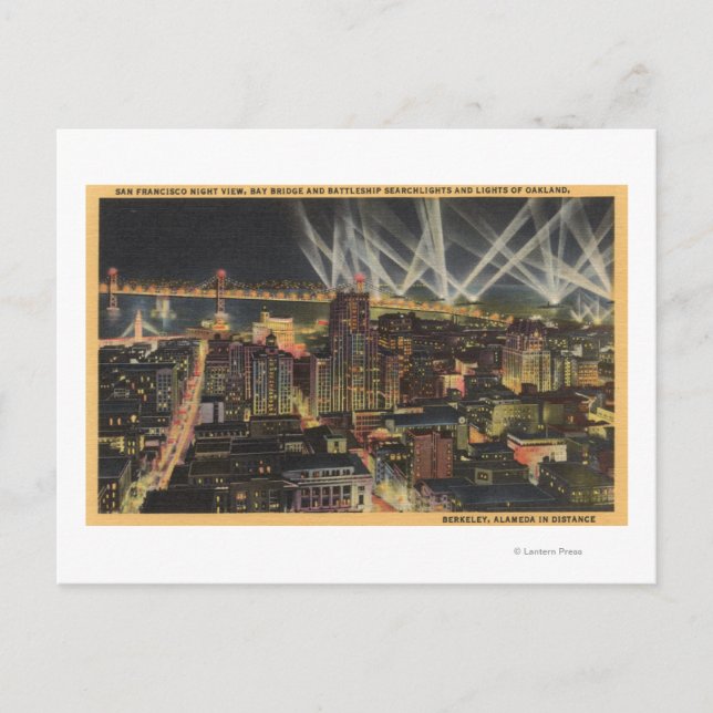 Carte Postale Vue nocturne de la ville, Bay Bridge, Searlights (Devant)