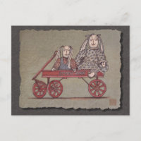 Wagon rouge, lapin et poupées