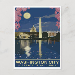Carte Postale Washington DC, reflets de l'eau la nuit, voyage