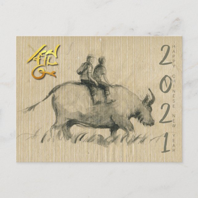 Carte Postale Water Buffalo Children Chinese Ox Année 2021 PostC (Devant)
