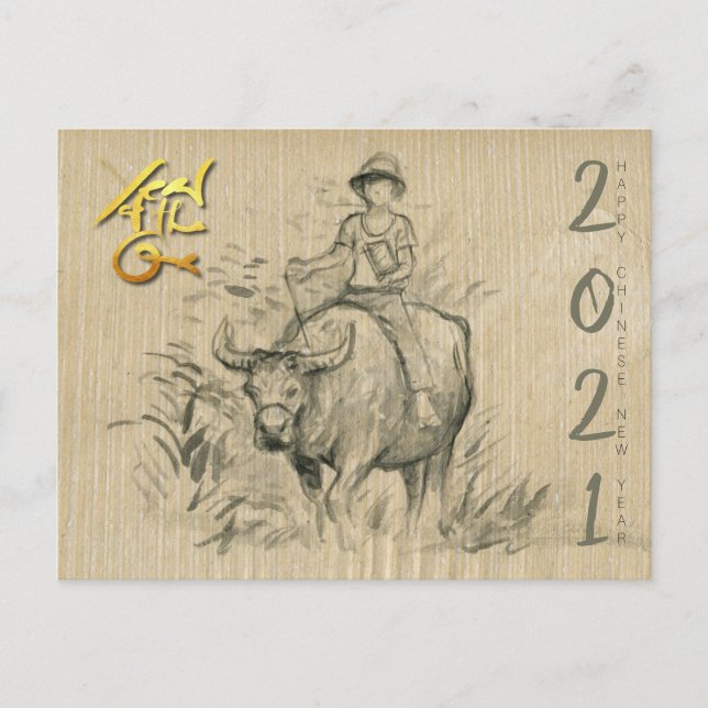 Carte Postale Water Buffalo Kid Chinese Ox Année 2021 PostC (Devant)