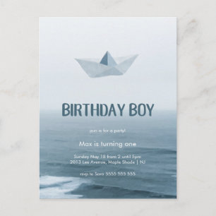 Carte Postale Watercolor Blue Boat Boy Invitation de fête d'anni