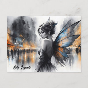 Carte Postale Watercolor fairy fille twilight ville de nuit magi