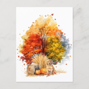 Carte Postale Watercolor Fall Chien Design - Golden Retriever