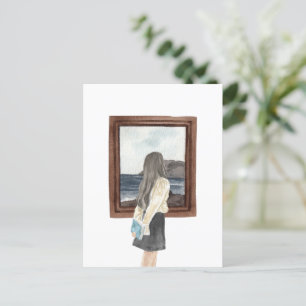 Carte Postale Watercolor fille regardant l'océan