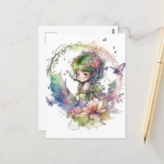 Carte Postale Watercolor Garden Girl - Cheveux vert