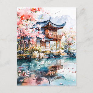 Carte Postale Watercolor ink of chinese template on lake.