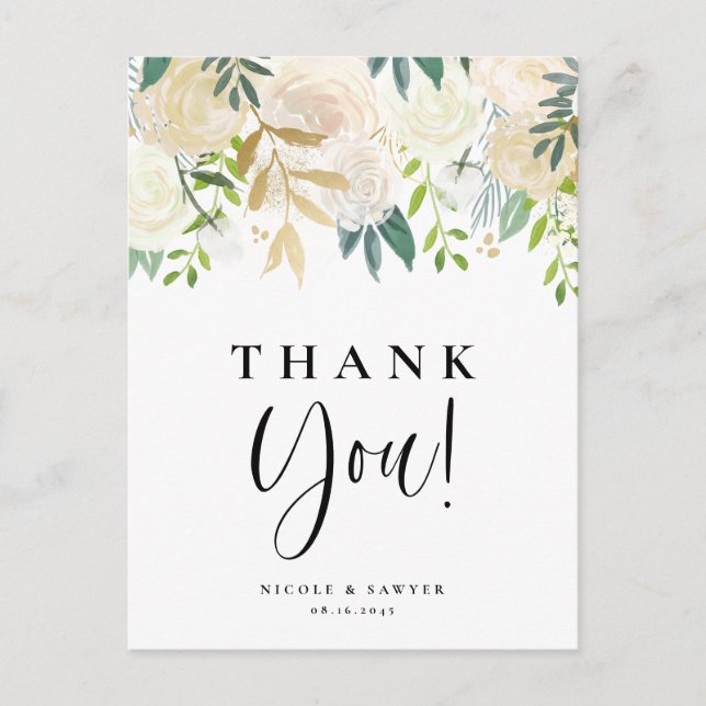Carte Postale Watercolor Ivory Peonies Gold Wedding Thank You (Devant)