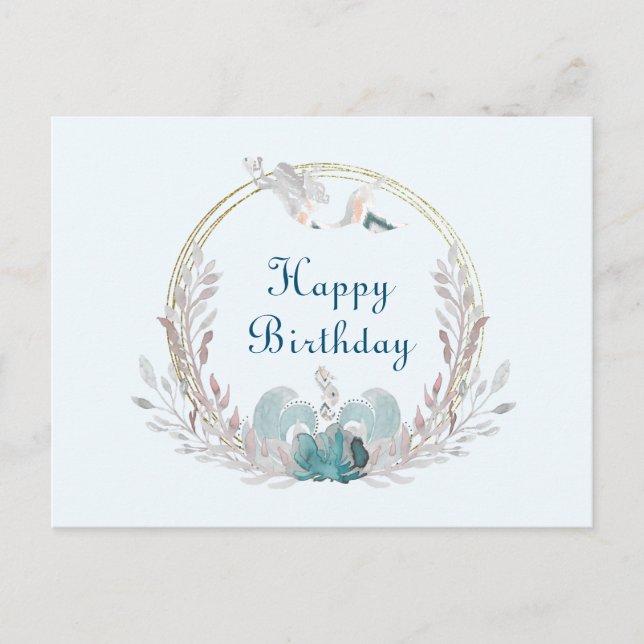 Carte postale Watercolor Mermaid & Wreath Bird (Devant)