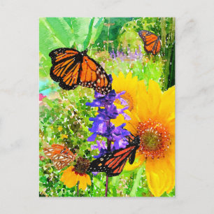 Carte Postale Watercolor Monarch Butterfly Jardin de tournesol