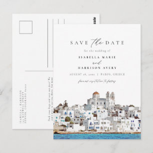 Carte Postale Watercolor Paros Grèce Skyline Enregistrer la date
