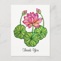 Watercolor Pink Lotus with Buds & Leaves