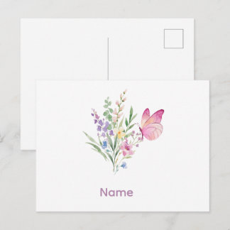 Carte Postale Watercolor Wildflower Bouquet with Pink Butterfly