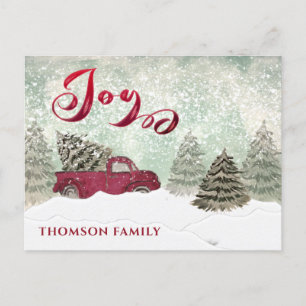 Carte Postale Watercolor Winter scène rouge camion Joy Holiday C