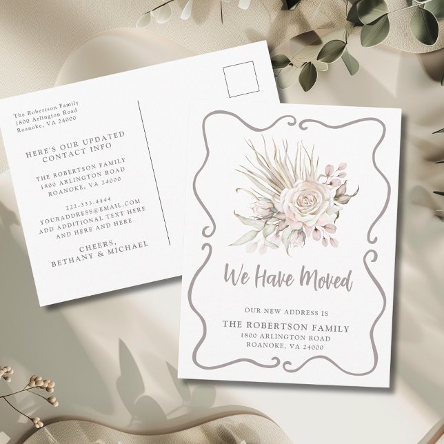 Carte Postale We Have Moved Boho Blush Roses New Address (We Have Moved Boho Blush Pink Roses and Eucalyptus New Address Postcard)