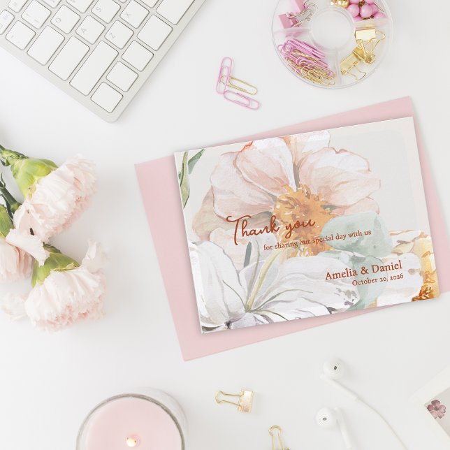 Carte Postale Wedding Thank You Card | Blush Peach Floral (Floral Wedding Thank You Card | Blush Peach Watercolor Flowers)