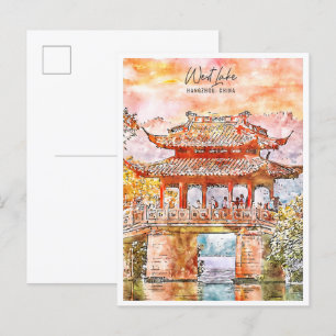 Carte Postale West Lake Hangzhou Chine vintage voyage aquarelle