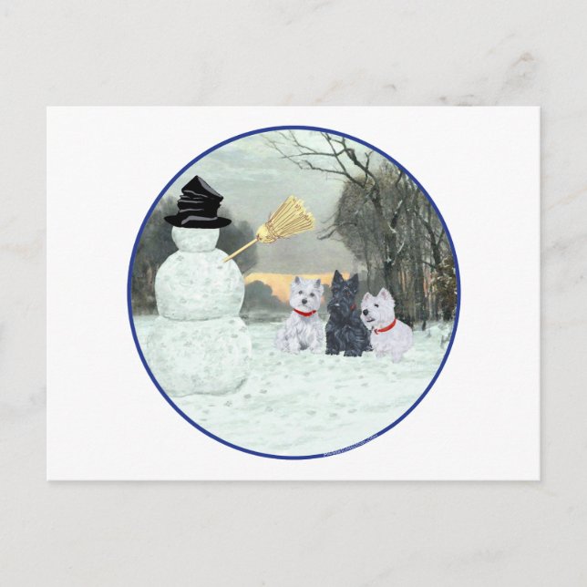 Carte Postale Westies & Scotty avec Snowman (Devant)