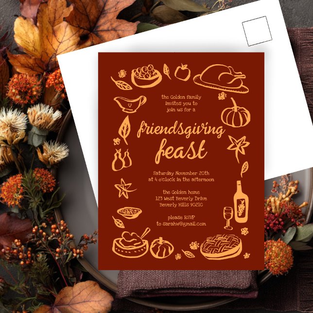 Carte Postale Whimsgiving Friendsgiving Dîner sur mesure (Whimsical Thanksgiving Friendsgiving Dinner Custom Invitation Postcard
)