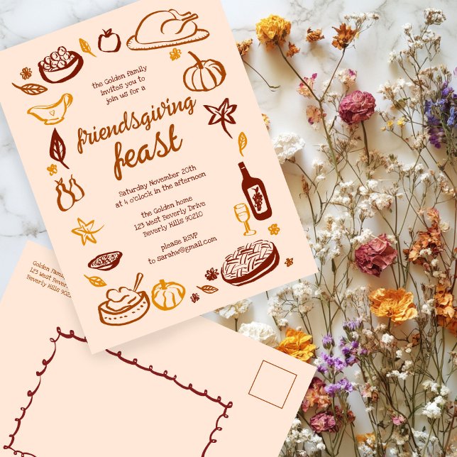 Carte Postale Whimsgiving Friendsgiving Dîner sur mesure (Whimsical Thanksgiving Friendsgiving Dinner Custom Party Invitation Postcard
)