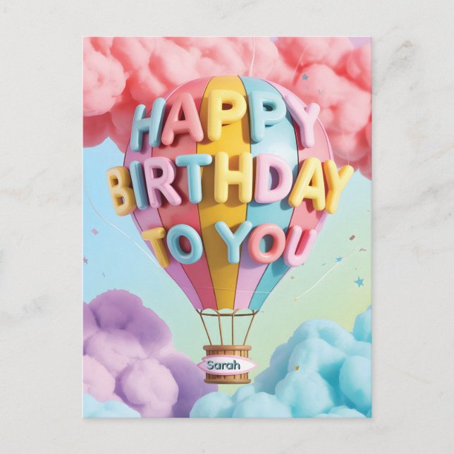 Carte Postale Whimsical 3D "Happy Birthday" Hot Air Balloon (Devant)