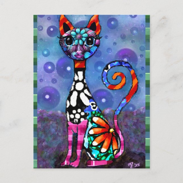 Carte Postale Whimsical Big-Eyed Funky Abstract Kitty Cat (Devant)