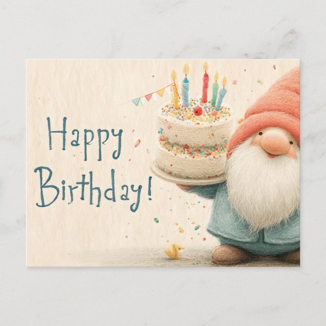 Carte Postale Whimsical Birthday Greeting: Gnome Holding a Cake (Devant)