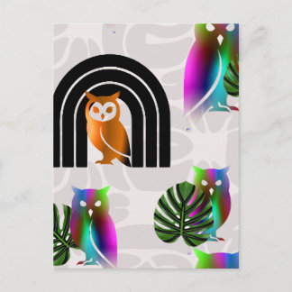 Carte Postale Whimsical Boho Owl & Tropical Monstera Leaf