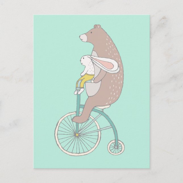 Carte Postale Whimsical Bunny and Bear Riding a Bike (Devant)