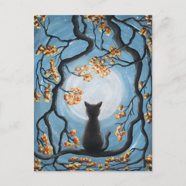 Carte Postale Whimsical Cat à Tree Full Moon Painting (Devant)