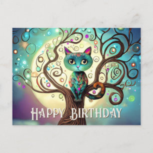 Carte Postale Whimsical Colorful Chat Pleine lune Artwork Annive