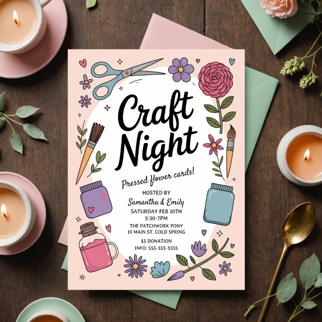 Carte Postale Whimsical Craft Night Fun Scissors Paint Flowers (Charming pastel craft night invitation with whimsical design for a fun, creative gathering.)
