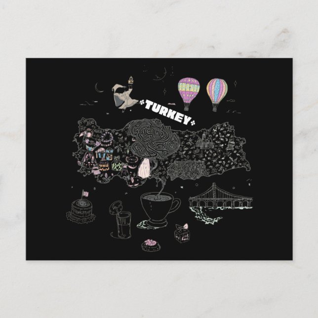 Carte Postale Whimsical Illustrated Map of Turkey Travel (Devant)