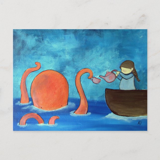 Carte Postale Whimsical Kids Art Girl Octopus Tea Party Cute (Devant)