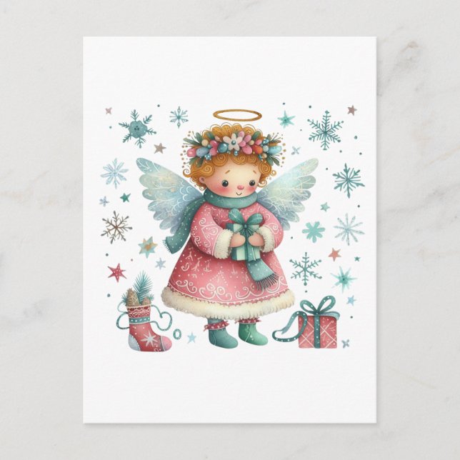Carte Postale Whimsical mignon rose et bleu Ange de Noël (Devant)