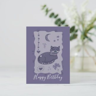 Carte Postale Whimsical Night Cat Folk Art Birthday Postcard