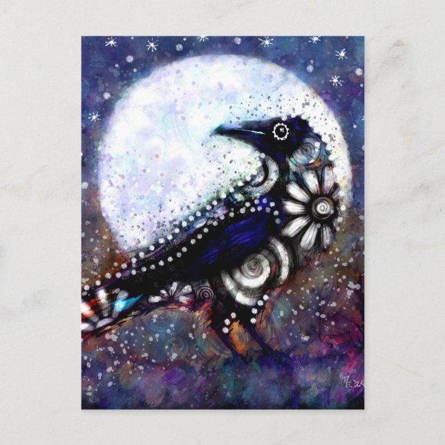 Carte Postale Whimsical Raven Lune Floral Noir Blanc Bleu (Devant)