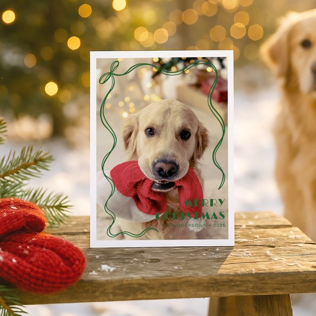 Carte Postale Whimsical Red Ribbon Pet Photo Joyeux Noël (Créateur téléchargé)