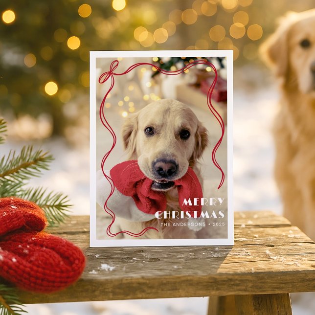 Carte Postale Whimsical Red Ribbon Pet Photo Joyeux Noël (Créateur téléchargé)