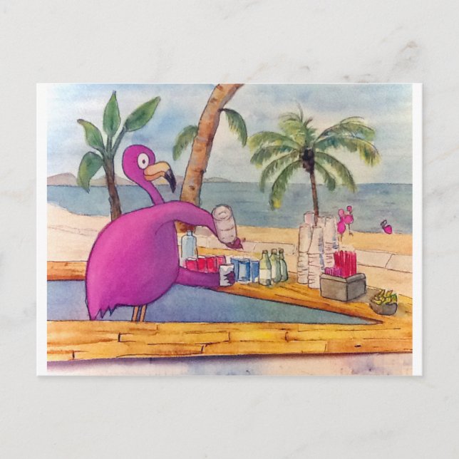 Carte Postale Whimsical Rose Flamant rose Pours Fête Boissons Pl (Devant)