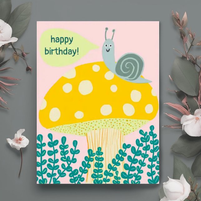 Carte Postale Whimsical snail on Magical Mushroom CUSTOM Bday (Happy birthday postcard- cute snail on a mushroom pink and green)