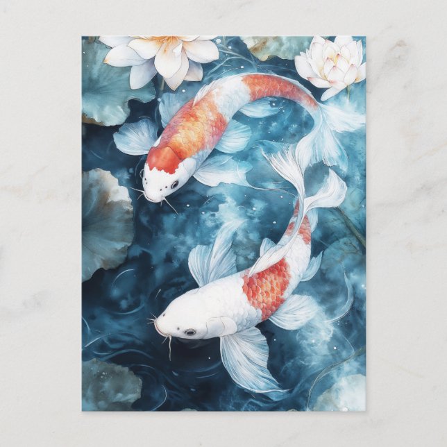 Carte Postale White and Orange Koi Fish Swirling in Lotus Pond (Devant)