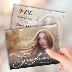 Carte Postale White Script GRADUATE Photo Save the Date