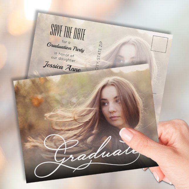 Carte Postale White Script GRADUATE Photo Save the Date (Créateur téléchargé)
