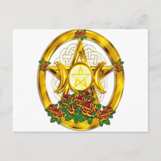 Carte Postale Wiccan Pagan Pentacle Gold avec Roses