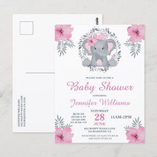 Carte Postale Wild Safari rose Floral Elephant Baby shower Invit