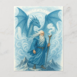 Carte Postale Wind Wizard et Dragon en Imaginaire d'aquarelle bl
